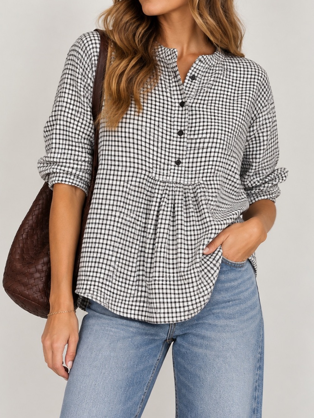 Madewell Market Popover Shirt In Malone Plaid Black White Checkered Peasant XS